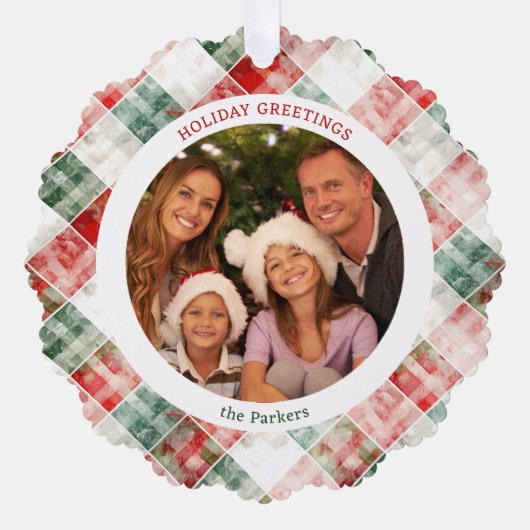 Rustieke Waterverf Kerst Plaid Foto Ornament Kaart (Voorkant)