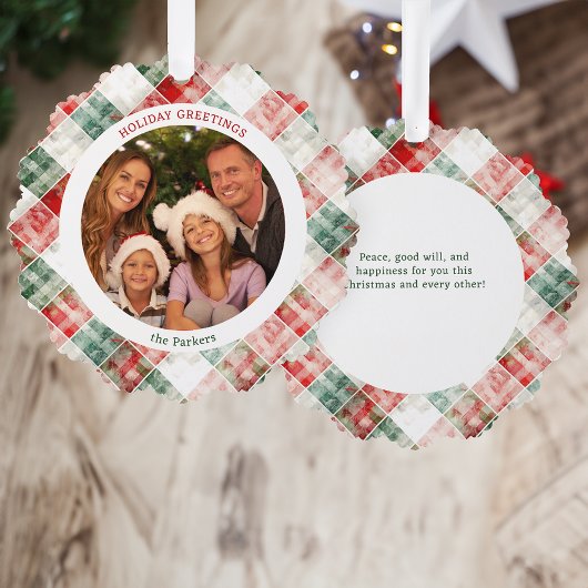 Rustieke Waterverf Kerst Plaid Foto Ornament Kaart