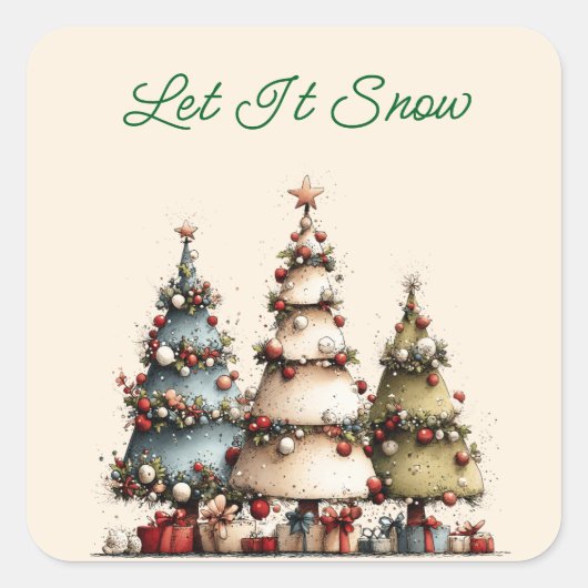 Rustieke Waterverf Kerstbomen Laat het Sneeuwen  Vierkante Sticker (Voorkant)