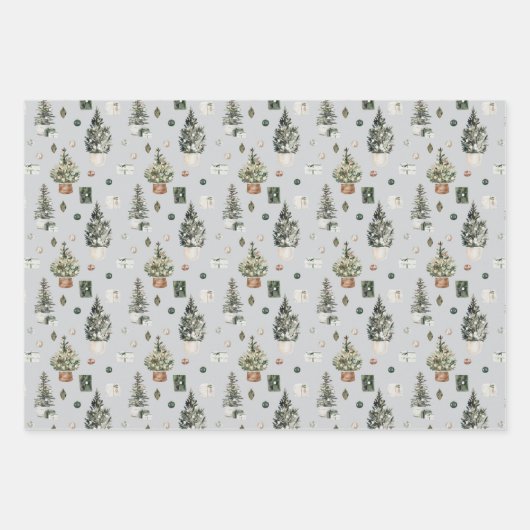 Rustieke Waterverf Kerstboom Bloemen Inpakpapier Vel (Voorkant 3)