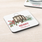 Rustieke Waterverf Kerstlantaarn Pijnboombessen Bier Onderzetter (Linkerzijde)