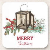 Rustieke Waterverf Kerstlantaarn Pijnboombessen Bier Onderzetter (Voorkant)
