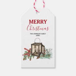Rustieke Waterverf Kerstlantaarn Pijnboombessen Cadeaulabel