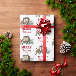 Rustieke Waterverf Kerstlantaarn Pijnboombessen Cadeaupapier