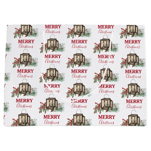 Rustieke Waterverf Kerstlantaarn Pijnboombessen Groot Cadeauzakje (Voorkant)