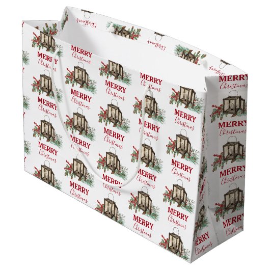 Rustieke Waterverf Kerstlantaarn Pijnboombessen Groot Cadeauzakje (Achterkant Gekanteld)