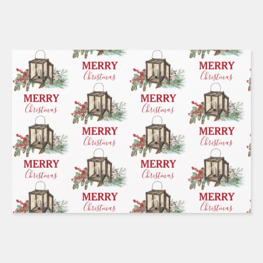 Rustieke Waterverf Kerstlantaarn Pijnboombessen Inpakpapier Vel (Voorkant 2)
