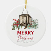 Rustieke Waterverf Kerstlantaarn Pijnboombessen Keramisch Ornament (Voorkant)
