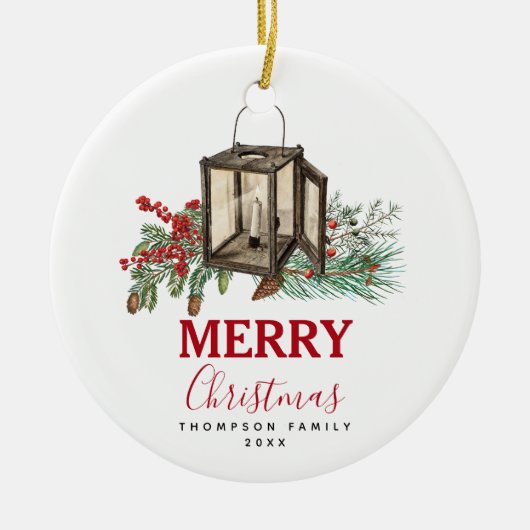 Rustieke Waterverf Kerstlantaarn Pijnboombessen Keramisch Ornament (Voorkant)