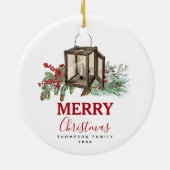 Rustieke Waterverf Kerstlantaarn Pijnboombessen Keramisch Ornament (Achterkant)