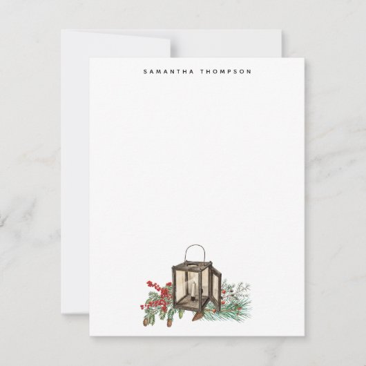 Rustieke Waterverf Kerstlantaarn Pijnboombessen Notitiekaartje (Voorkant)