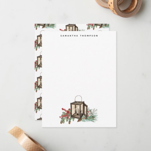 Rustieke Waterverf Kerstlantaarn Pijnboombessen Notitiekaartje (Voorkant / Achterkant in situ)