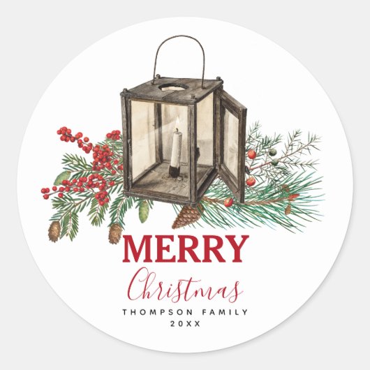 Rustieke Waterverf Kerstlantaarn Pijnboombessen Ronde Sticker (Voorkant)