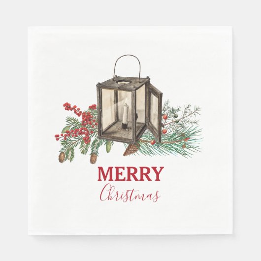Rustieke Waterverf Kerstlantaarn Pijnboombessen Servet (Voorkant)