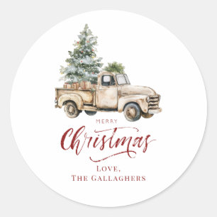 Rustieke Waterverf Kersttruck Vintage Vakantie Ronde Sticker