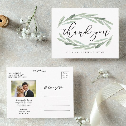 Rustieke Waterverf krans bruiloft dank u foto Briefkaart