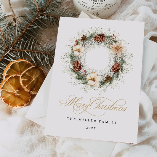 Rustieke Waterverf Krans Kerst Kaart