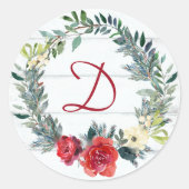 Rustieke Waterverf Krans Monogram Kerstmis Ronde Sticker (Voorkant)