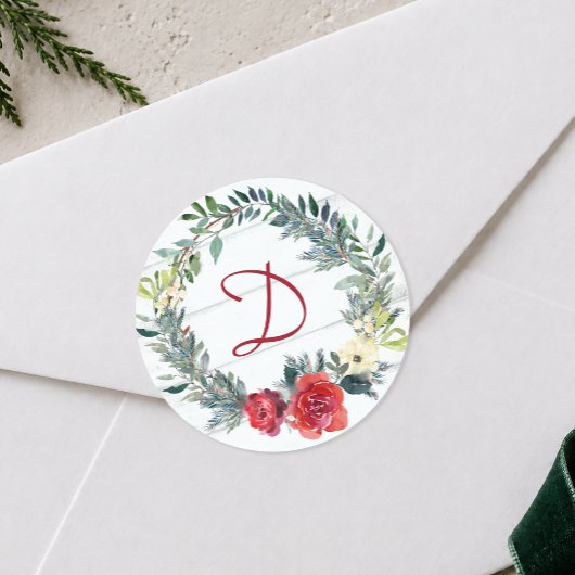 Rustieke Waterverf Krans Monogram Kerstmis Ronde Sticker