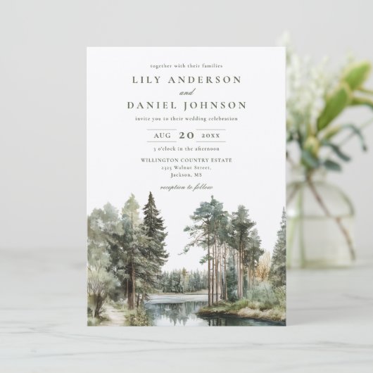 Rustieke Waterverf Lake Forest Wedding QR-code Kaart (Staand voorkant)