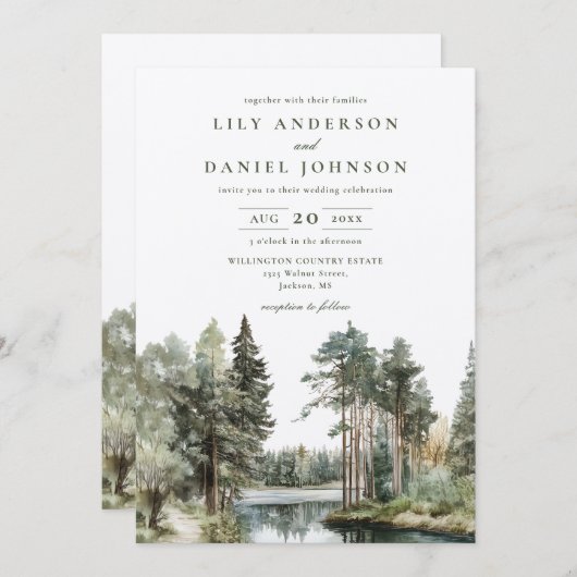 Rustieke Waterverf Lake Forest Wedding QR-code Kaart (Voorkant / Achterkant)