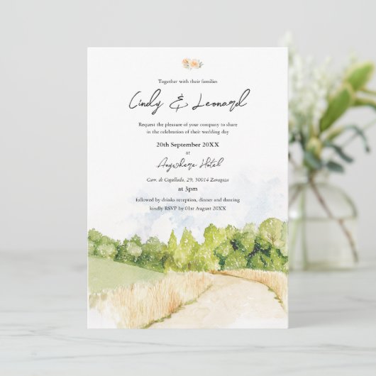 Rustieke Waterverf Landschap Huwelijksuitnodiging Kaart (Staand voorkant)