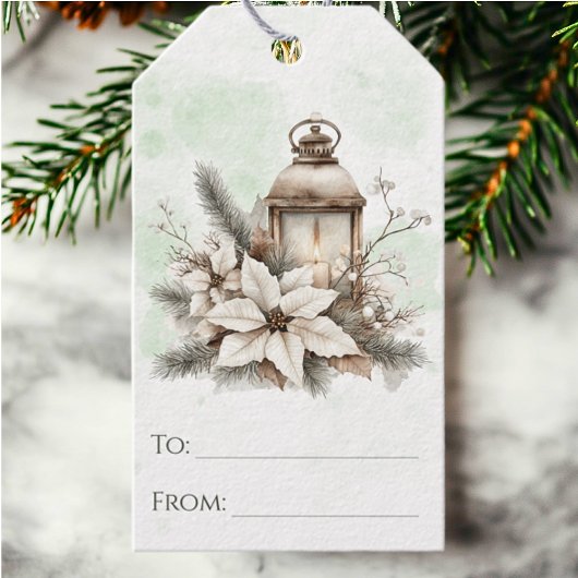 Rustieke Waterverf Lantaarn en Pine Christmas Cadeaulabel