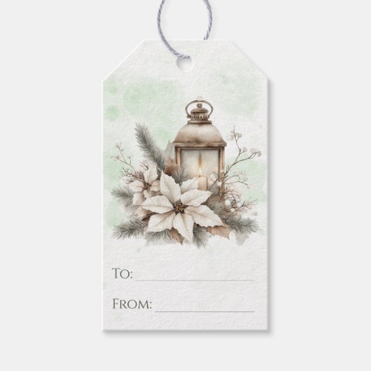 Rustieke Waterverf Lantaarn en Pine Christmas Cadeaulabel (Voorkant)