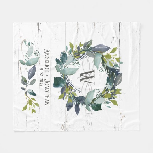 Rustieke Waterverf Laurel Krans Monogram Pas getro Fleece Deken (Voorkant (Horizontaal))