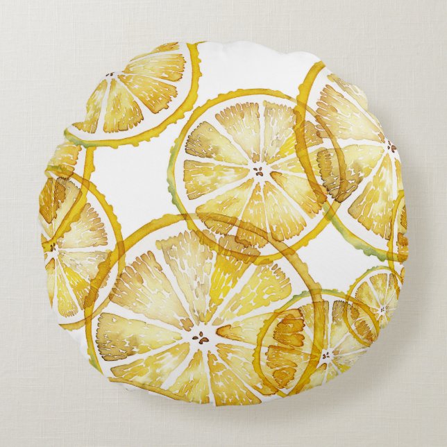 Rustieke Waterverf Lemon Slices Pattern Rond Kussen (Voorkant)