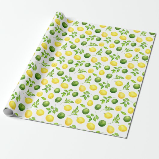 Rustieke Waterverf Lemons Limes & Green Pattern Cadeaupapier (Uitgerold)