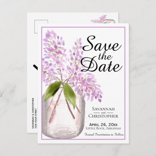 Rustieke Waterverf Lilacs Bruiloft Save the Date Uitnodiging Briefkaart (Voorkant / Achterkant)