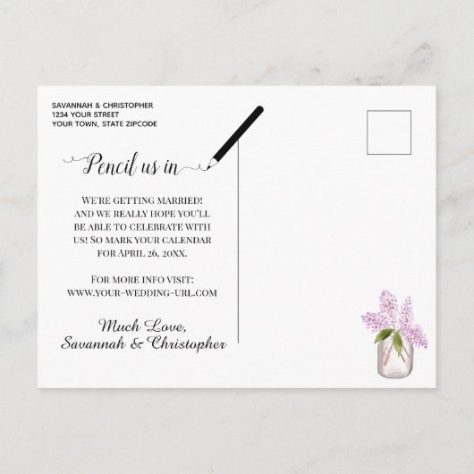 Rustieke Waterverf Lilacs Bruiloft Save the Date Uitnodiging Briefkaart (Achterkant)