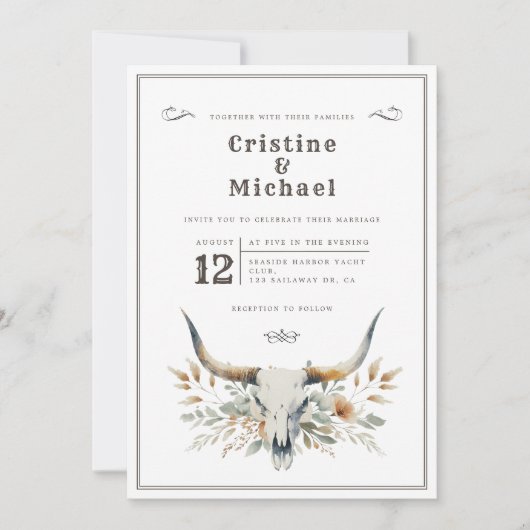 Rustieke waterverf longhorn schedel bruiloft kaart (Voorkant)