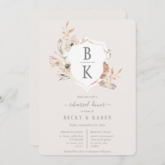 Rustieke Waterverf Monogram Crest repetitie diner Kaart (Voorkant / Achterkant)