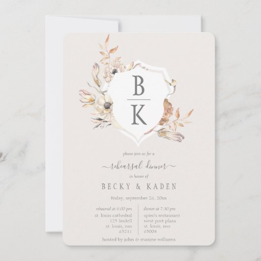 Rustieke Waterverf Monogram Crest repetitie diner Kaart (Voorkant)