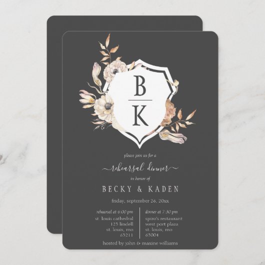 Rustieke Waterverf Monogram Crest repetitie diner Kaart (Voorkant / Achterkant)