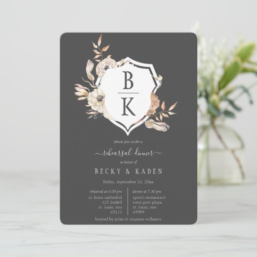 Rustieke Waterverf Monogram Crest repetitie diner Kaart (Staand voorkant)