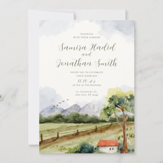 Rustieke Waterverf Mountain bruiloft foto Kaart (Voorkant)