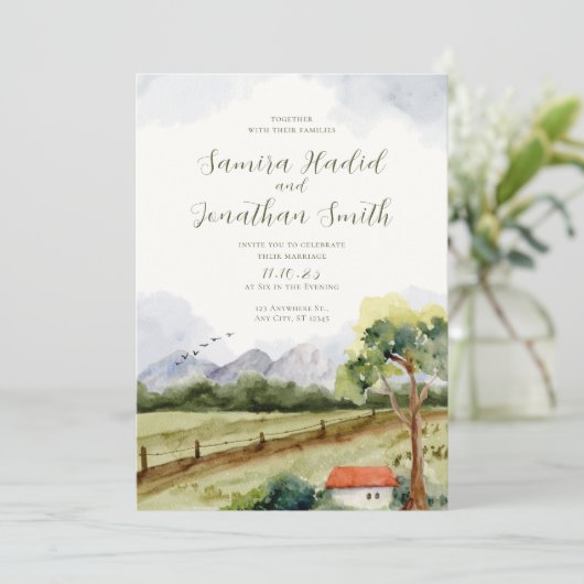 Rustieke Waterverf Mountain bruiloft foto Kaart (Staand voorkant)
