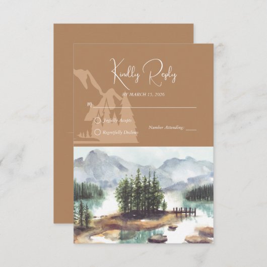 Rustieke Waterverf Mountain Forest Lake Bruiloft RSVP Kaartje (Voorkant / Achterkant)