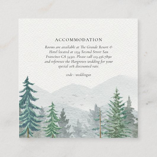 Rustieke Waterverf Mountain Green Pine Tree Bruilo Informatiekaartje (Achterkant)