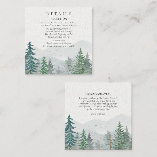 Rustieke Waterverf Mountain Green Pine Tree Bruilo Informatiekaartje (Voorkant / Achterkant)