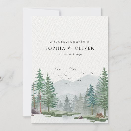 Rustieke Waterverf Mountain Green Pine Tree Bruilo Kaart (Achterkant)