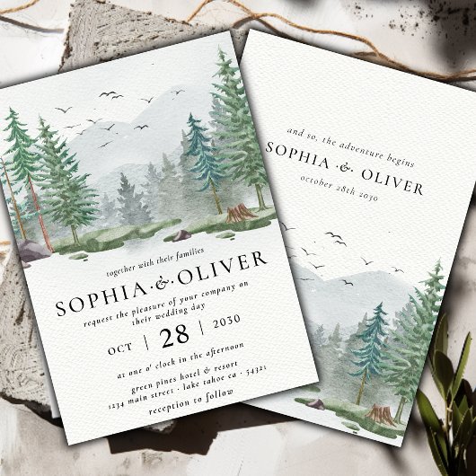 Rustieke Waterverf Mountain Green Pine Tree Bruilo Kaart