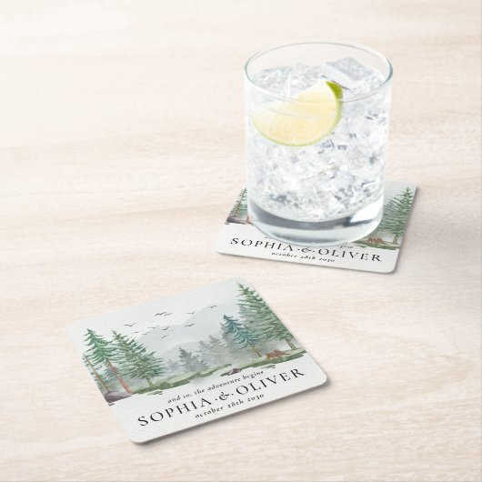 Rustieke Waterverf Mountain Green Pine Tree Bruilo Kartonnen Onderzetters (Insitu)