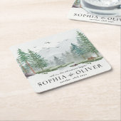 Rustieke Waterverf Mountain Green Pine Tree Bruilo Kartonnen Onderzetters (Schuin)