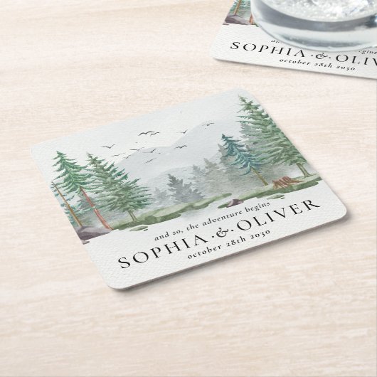 Rustieke Waterverf Mountain Green Pine Tree Bruilo Kartonnen Onderzetters (Schuin)