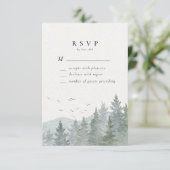 Rustieke Waterverf Mountain Green Pine Tree Bruilo RSVP Kaartje (Staand voorkant)