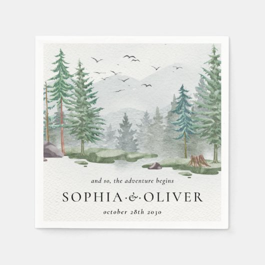 Rustieke Waterverf Mountain Green Pine Tree Bruilo Servet (Voorkant)